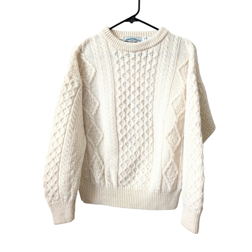 Aran Crafts Ireland 100% Wool Cable Knit Sweater Cream Small Fisherman Heritage